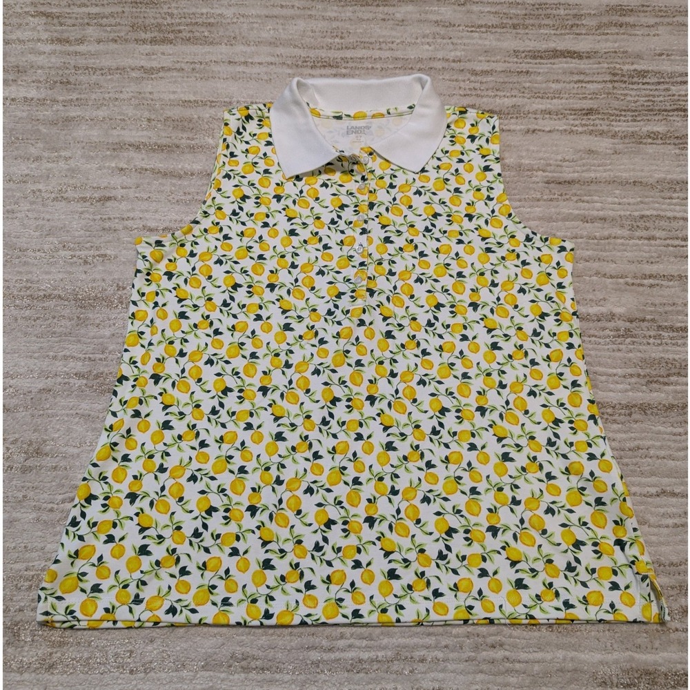Lands End Lemon Print Sleeveless Polo Shirt Womens Sz M Fruit Golf Tennis Preppy